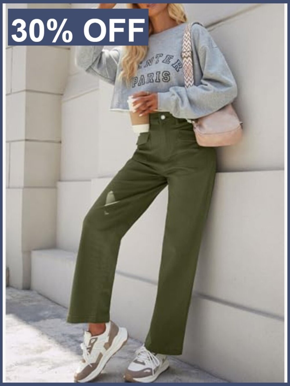 High Waisted Wide Leg Cargo Pants with Pockets Stretchy Joggers - Picture 3 of 7